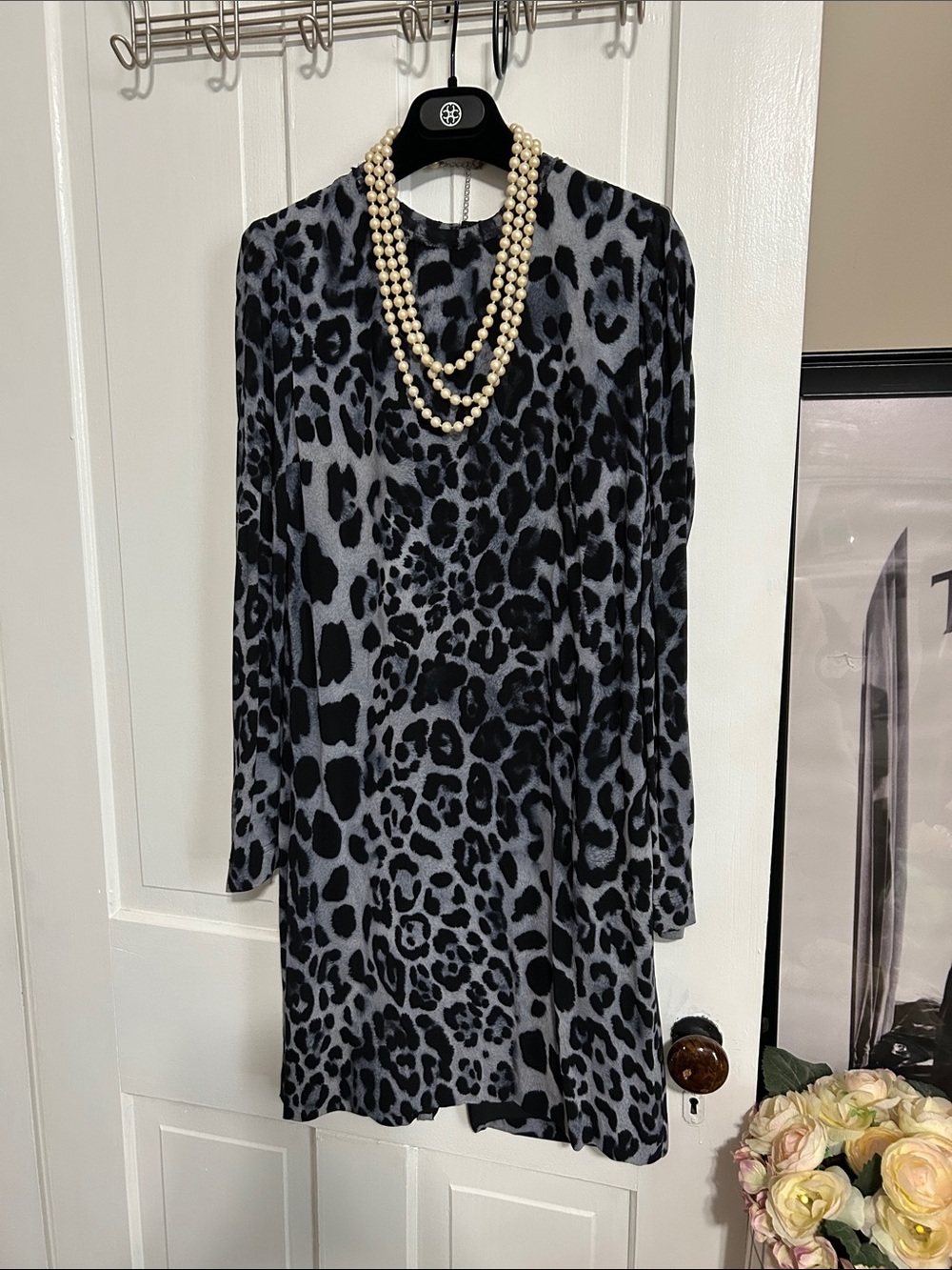 PER SE by CARLISLE • GORGEOUS Silk Gray Blue & Black Leopard Long Sleeve Dress - Picture 5 of 16